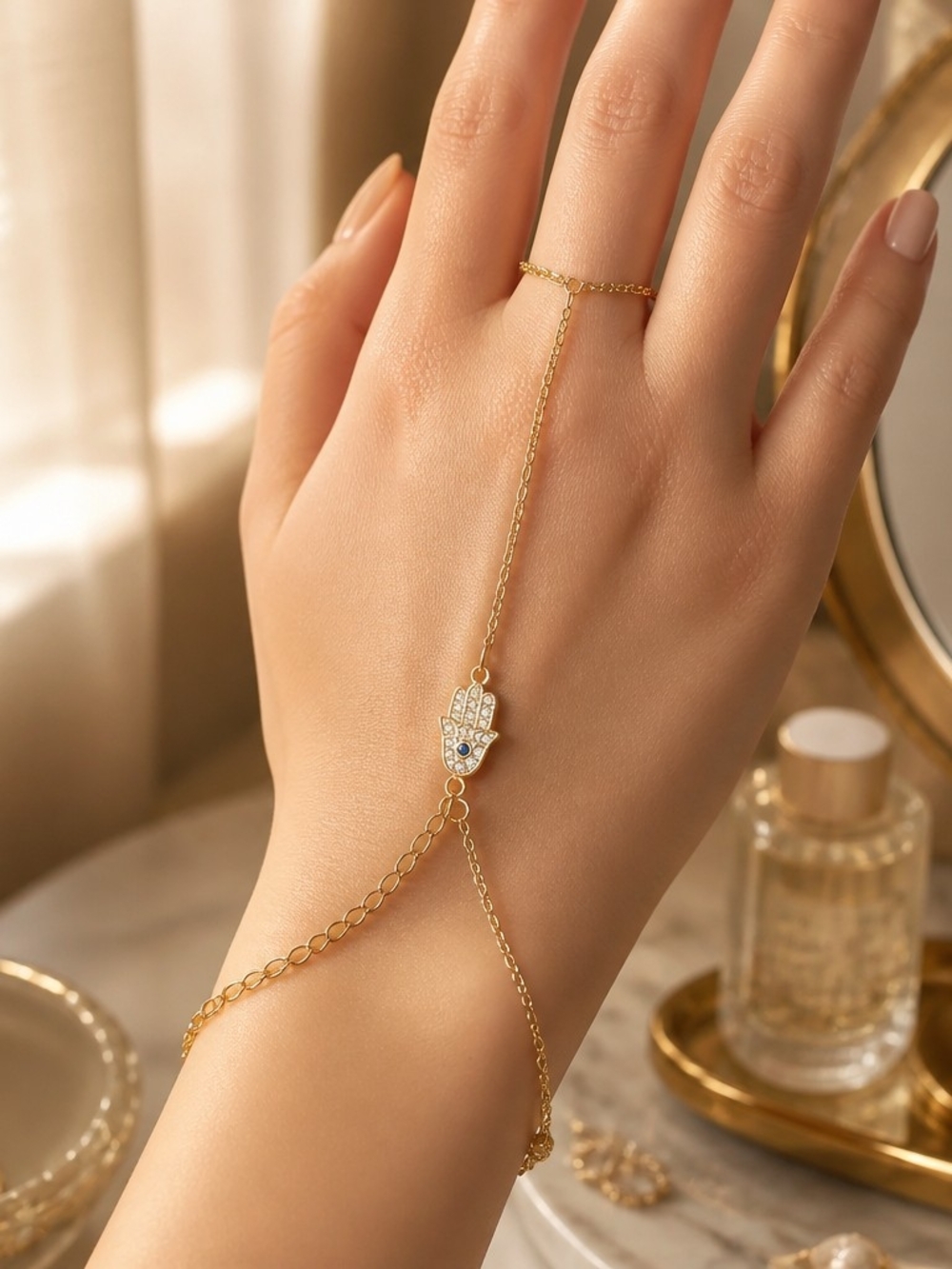Gold Tone Hamsa Hand Chain Bracelet for Women